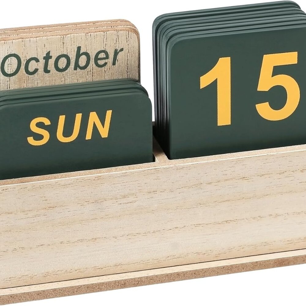 Wooden Block Perpetual Calendar for Desk, Daily Desktop Standing Flip Calendar w
